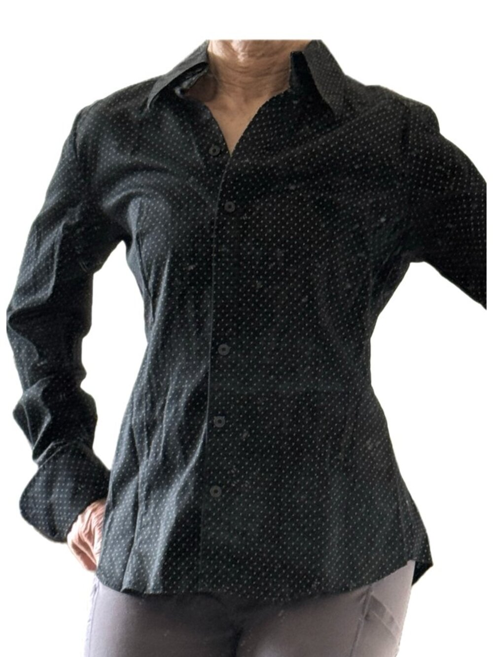 Black White Micro Dot New York & Company Stretch Blouse French Cuffs Sz M